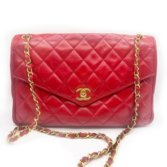 CHANEL CC 24K Vintage Jumbo Envelope Flap Bag Lambskin Timeless Red Purse Chain
